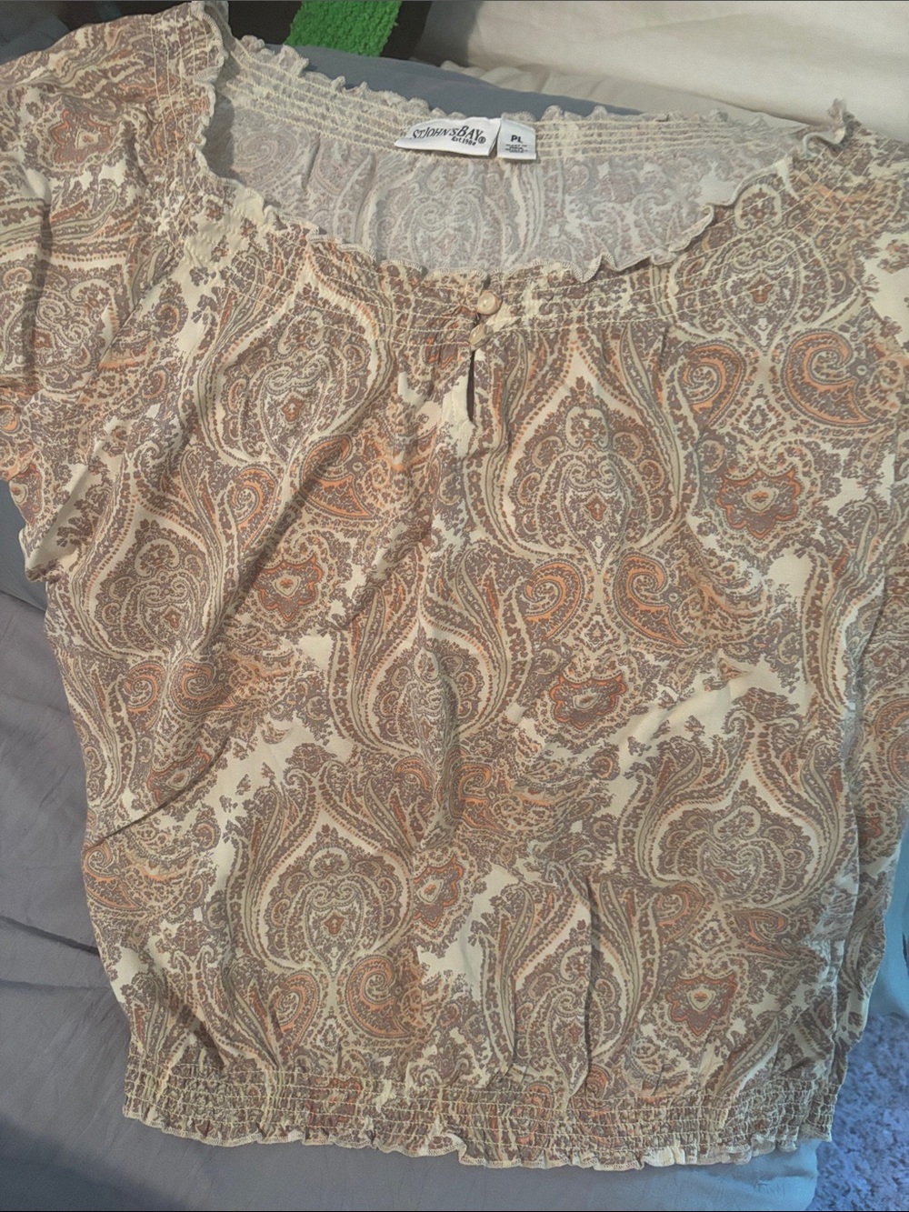 St. John's Bay XL Cream and Tan Paisley Short Sleeve Peasant Top.